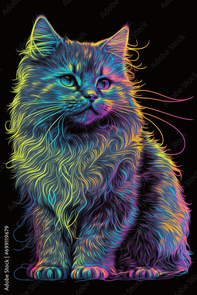 Unusual fluffy cute cat in neon light art Unusual fluffy cute cat in neon light art