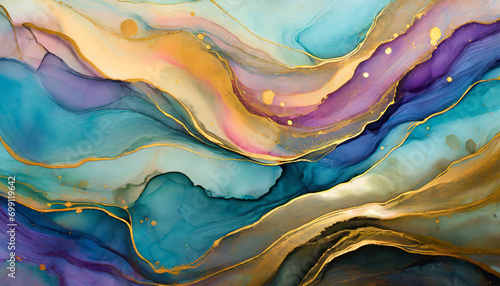 Currents of translucent hues, snaking metallic swirls, and foamy sprays of color shape the landscape of these free-flowing textures. Natural luxury abstract fluid art painting in alcohol ink technique photo