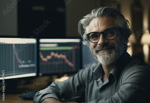 Charismatic Senior Financial Analyst with Grey Hair and Glasses in Modern Office