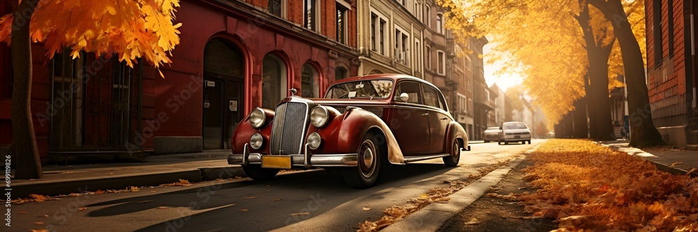 Vintage Car on Autumn Street (wide angle)