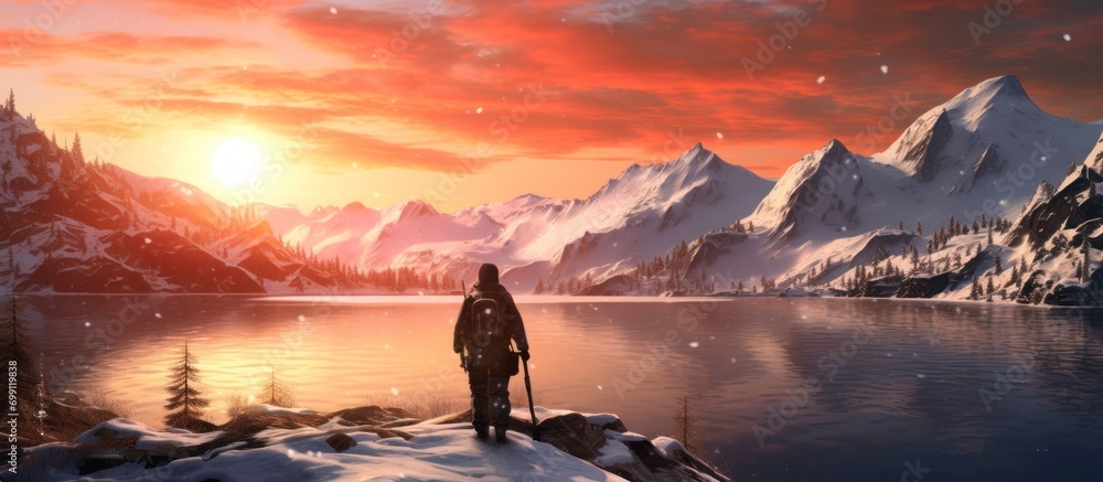 Woman mountain climber observing the sunset on a lake near a small mountain covered in snow
