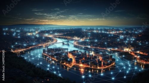 connection, digital, network, technology, communication, energy, line, wireless, connect, innovation. global media link connecting on night city background, internet, 5G communication. generate via AI © Day Of Victory Stu.
