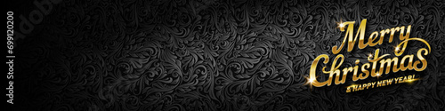 Merry Christmas gleams in gilded swirls against a backdrop of rich, black vines. Festive elegance for your holiday wishes.