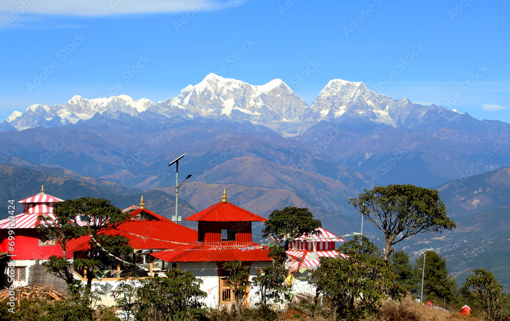 Gauritap temple in Solukhumbu with Everest view. beautiful landscape from Solukhumbu, Nepal.