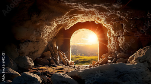 Fotografija empty tomb of Jesus Christ at sunrise resurrection