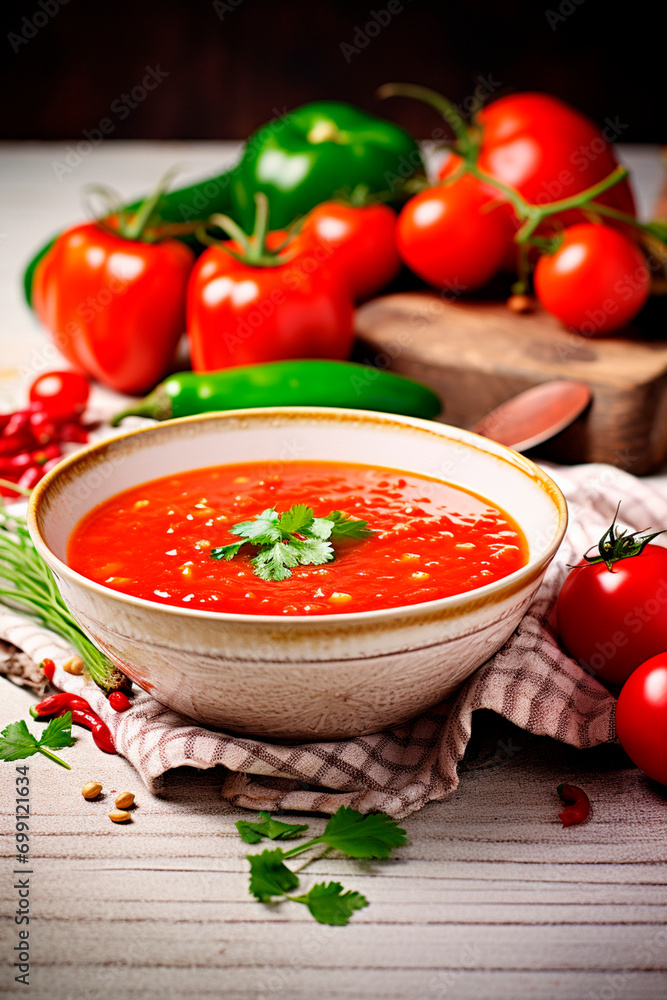 Tomato soup in a bowl. Selective focus. Tomato soup in a bowl. Selective focus.