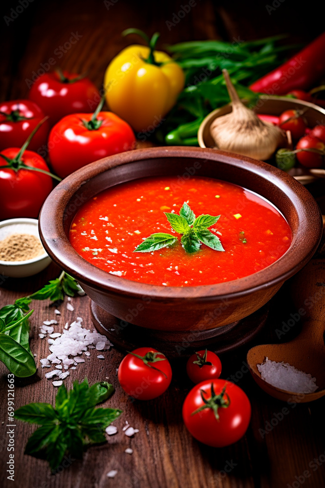 Tomato soup in a bowl. Selective focus. Tomato soup in a bowl. Selective focus.
