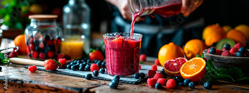 Make a smoothie with berries in the kitchen. Selective focus.