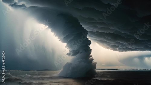 A detailed closeup of a foamy waterspout spinning quickly and dangerously against a dark sky. photo
