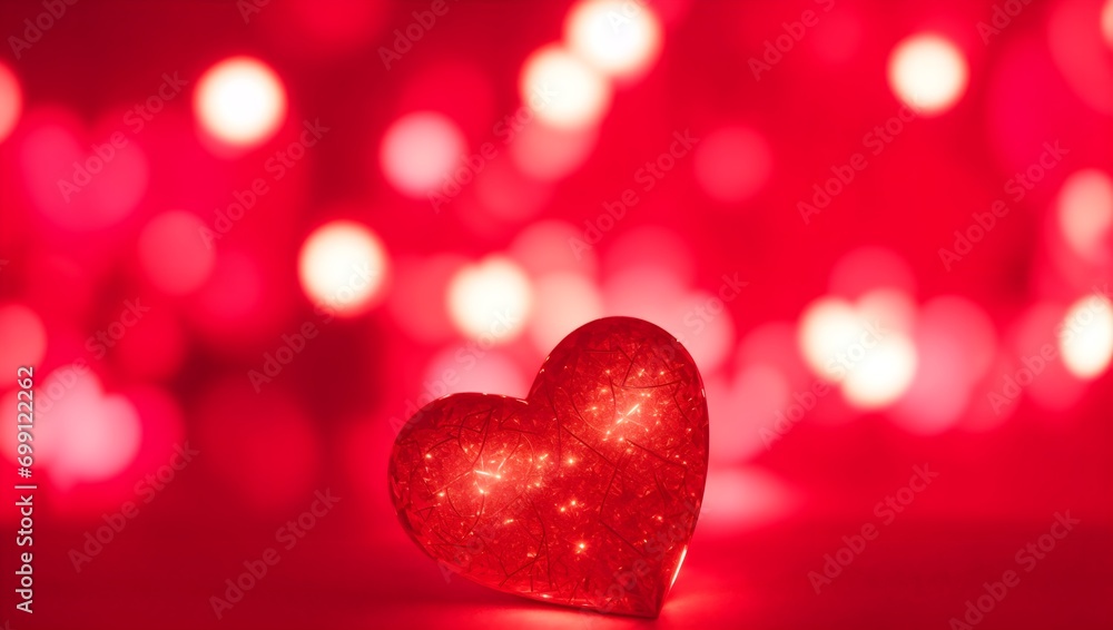 Shiny heart aganist a red background with bokeh lights. Valentine's Day, love or romance backdrop.