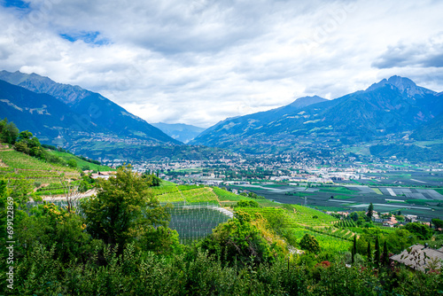 Hiking along the Marlinger Waalweg near Meran in South Tyrol Italy. With some Views over wineyards, the City of Meran, Marling and other Villages