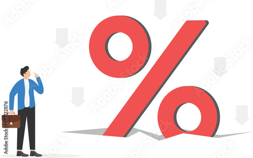Businessmen look at the shrinking percent sign. Concept business vector illustration.

