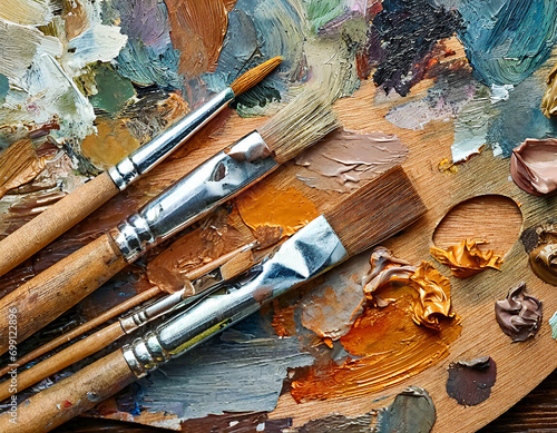 Paint brushes and palette with oil paints on a wooden table photo