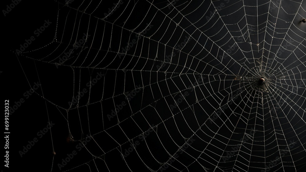 Naklejka premium Creepy light spider web stretches over deep black background, halloween themed background.