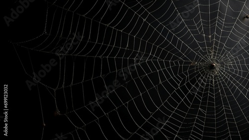 Creepy light spider web stretches over deep black background, halloween themed background.