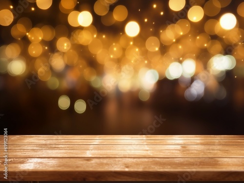 Empty rustic wooden table top view from front with glitter black and gold bokeh light in restaurant space, suitable for mockup or presentation product display.