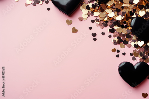 black and golden hearts on a soft pinkb  ground with space for text, valentines background photo