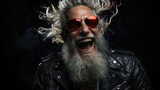 laughing man with gray hair and red sunglasses