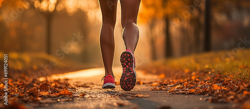 Legs of a running girl in sneakers during a morning workout in autumn #699124051