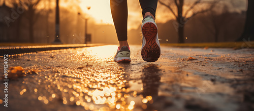 Legs of a running girl in sneakers during a morning workout in autumn