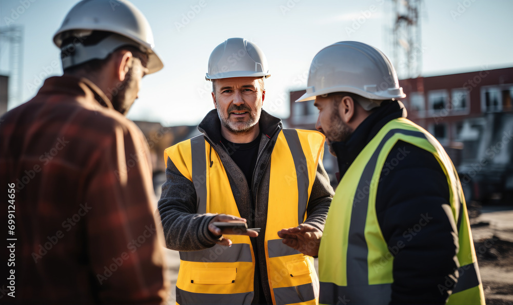 Professional engineers discussing about blueprints and effectivity at construction site Professional engineers discussing about blueprints and effectivity at construction site