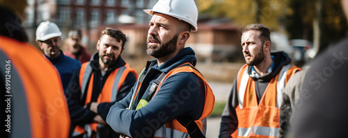 Professional engineers discussing about blueprints and effectivity at construction site