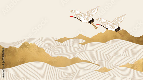 鶴と荒波のイラスト photo