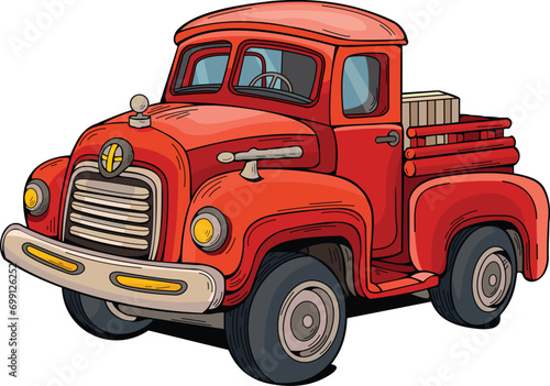 Red Old Pickup Truck Vector Illustration. Red Cartoon Truck Vector. Cartoon Red Truck On A White Background. Pickup Truck Cartoon Illustration.