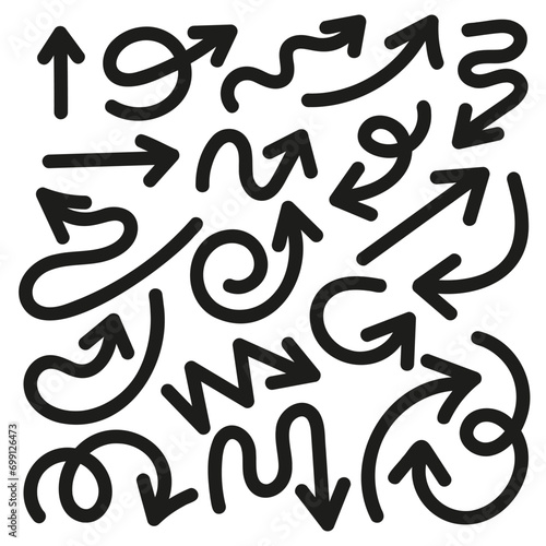 Hand drawn set of arrow elements in doodle style. Cartoon style bold line arrows in black isolated on white background