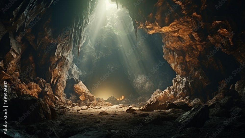 Landscape view of a great cave in the warm and golden light of sunset, cinematic view. - obrazy, fototapety, plakaty 