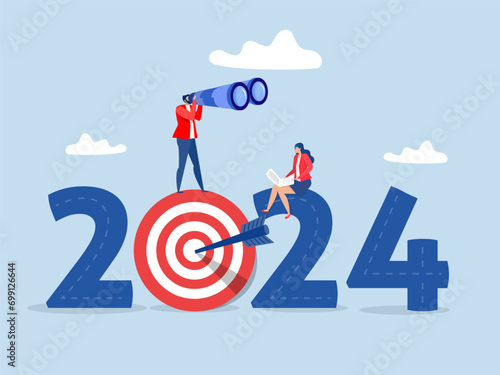Businessman  analyst use telescope on Year 2024 outlook for opportunity or new challenge ahead vision to make decision plan future concept vector illustrator