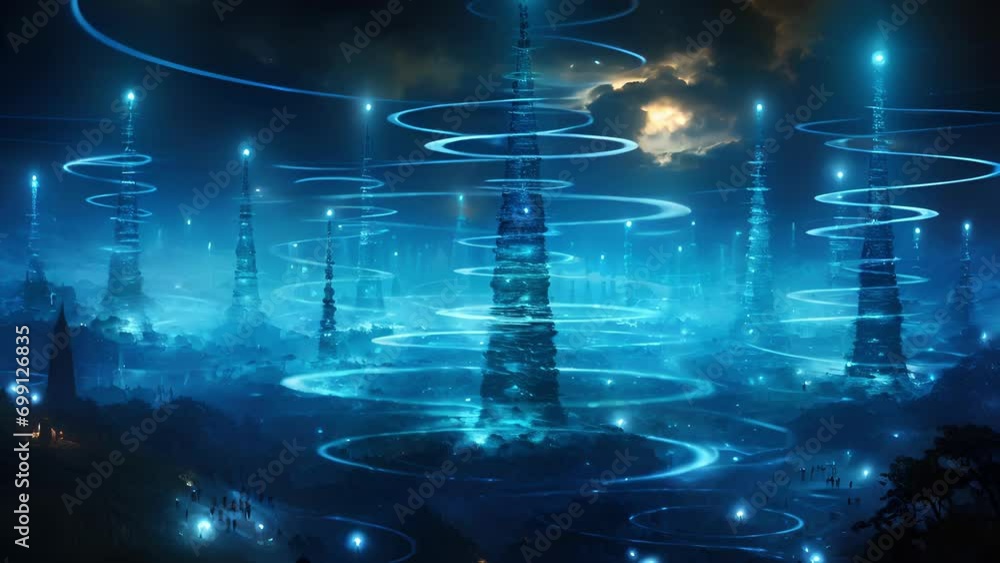 A crowd of connected devices forming a swirling tornado of glowing blue wifi signals melding and transforming into one unified network. A crowd of connected devices forming a swirling tornado of glowing blue wifi signals melding and transforming into one unified network.