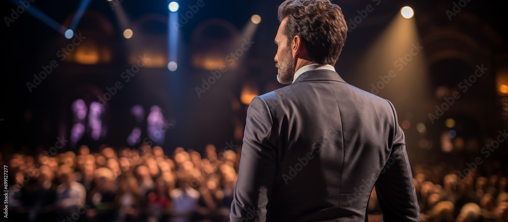 Leading speaker in a business suit in front of an audience