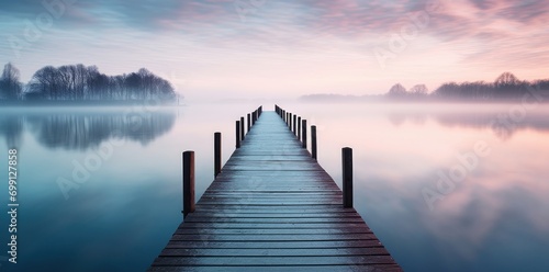 Wallpaper Mural a wooden pier over a calm lake during sunrise