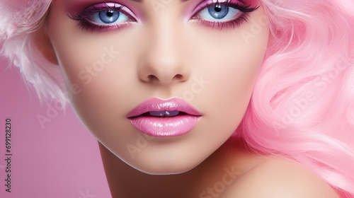 Portrait of a woman with pink lips, Portrait of a blonde woman in pink scarf, Beauty Makeup and Nail Art Concept. Beautiful female model isolated on pink background, copy space