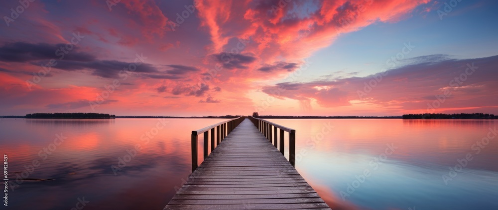  a wooden pier over a calm lake during sunrise - obrazy, fototapety, plakaty 
