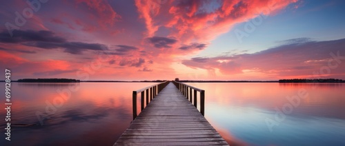  a wooden pier over a calm lake during sunrise #699128437