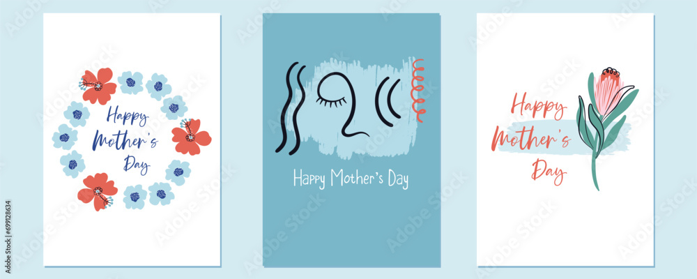 Happy Mother's Day. Holiday greeting cards. Vector illustrations for covers and posters. Cute prints for moms.
