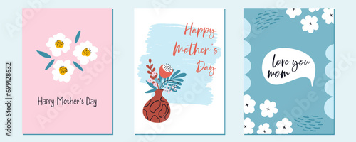 Mother's Day greeting cards. Set of naive art holiday prints. Vector illustrations for covers and posters. Cute design for moms.