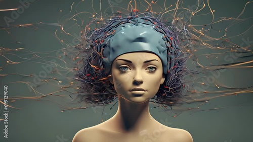 A playful and dynamic animation of magnetoencephalography MEG, portraying the detection of magnetic fields produced by electrical neural activity in Psychology art concept photo