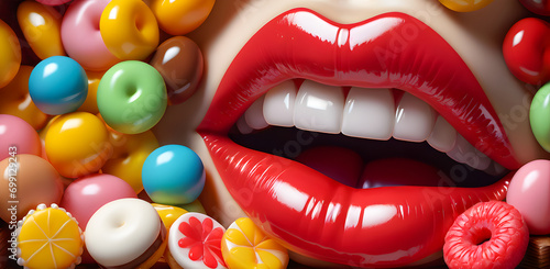 Chocolate and candy around the mouth of a woman wearing red lipstick. Generative Ai
 photo