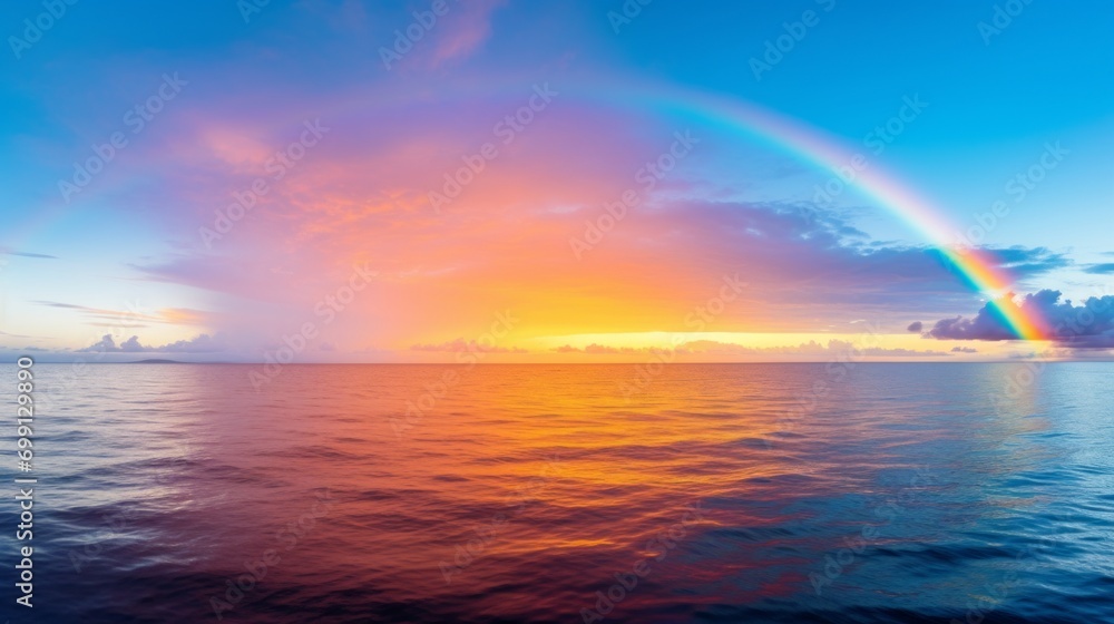 A rainbow stretching across a serene ocean horizon