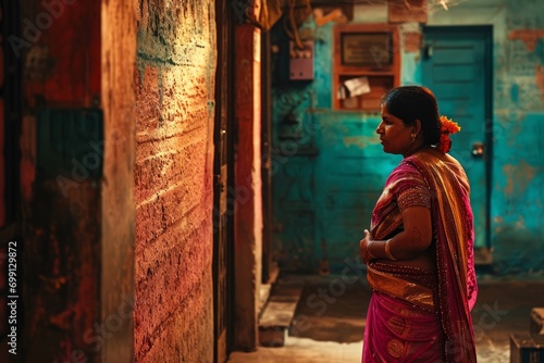 a woman in a sari standing in a doorway