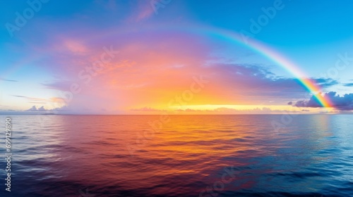 A rainbow stretching across a serene ocean horizon