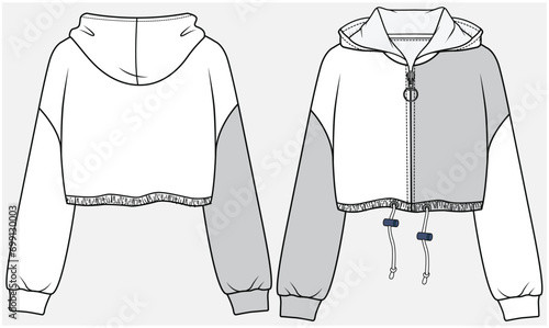 CROP HOODIE WITH CONTRAST PANEL DETAIL DESIGNED FOR TEEN GIRLS AND KID GIRLS IN VECTOR ILLUSTRATION FILE