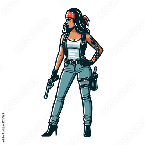 Female biker holding revolver vector illustration.