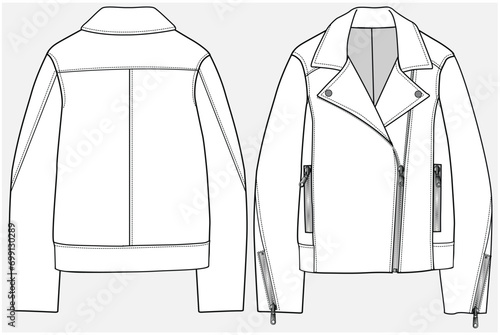 ZIPPER DETAIL LEATHER JACKET WITH KNOTCH COLLAR DESIGNED FOR WOMEN YOUNG WOMEN AND TEEN GIRLS IN VECTOR ILLUSTRATION FILE