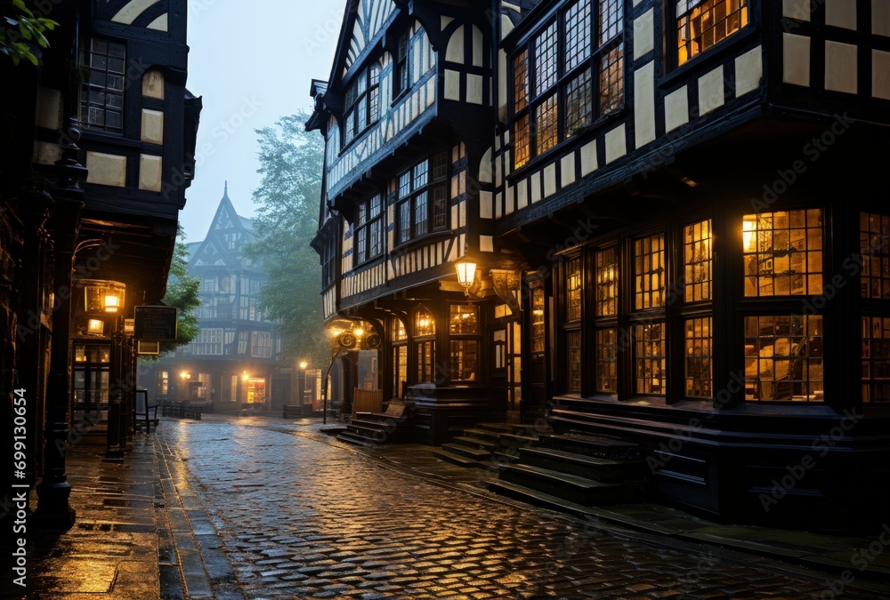 Enchanting Nighttime Scene of Old English Street with Cobblestones and Half-Timbered Buildings