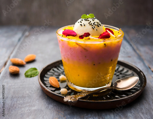 Falooda / Faluda is a popular Indian dessert - Strawberry and Mango flavoured which has Ice cream, noodles, sweet basil seeds and nuts, selective focus photo