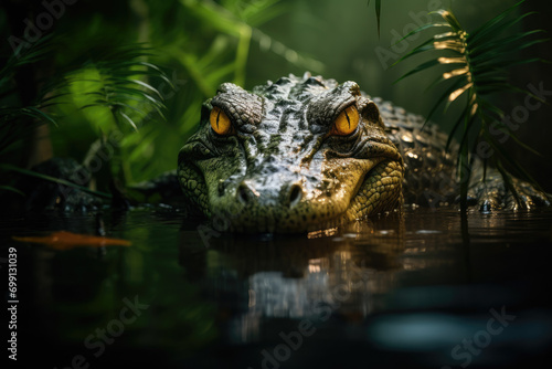 crocodile sitting in water with eyes open